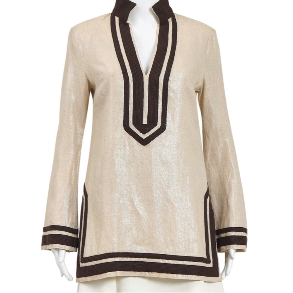 Cream Long-Sleeve Tunic Top with Brown Trim